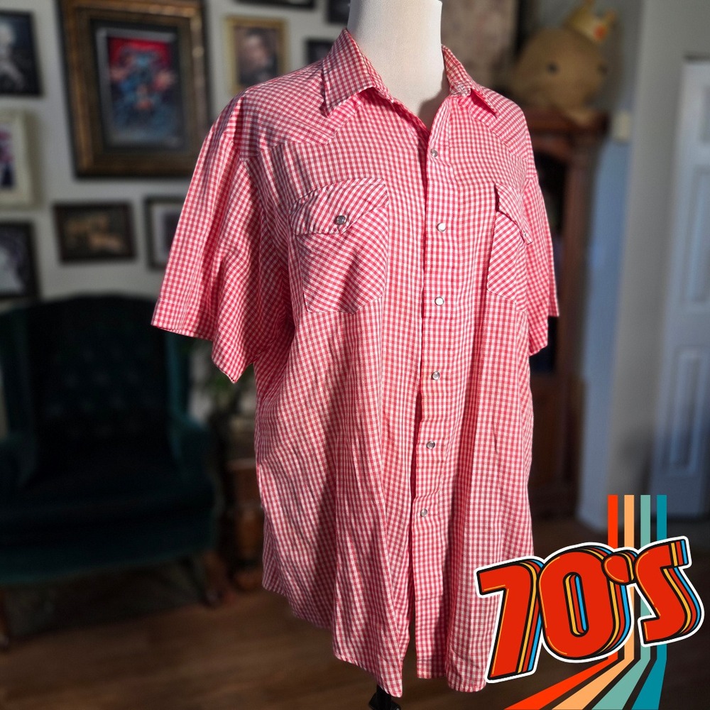 Vintage 70s Sheplers Mens Red Gingham Western Pearl Snap Short Sleeve Shirt